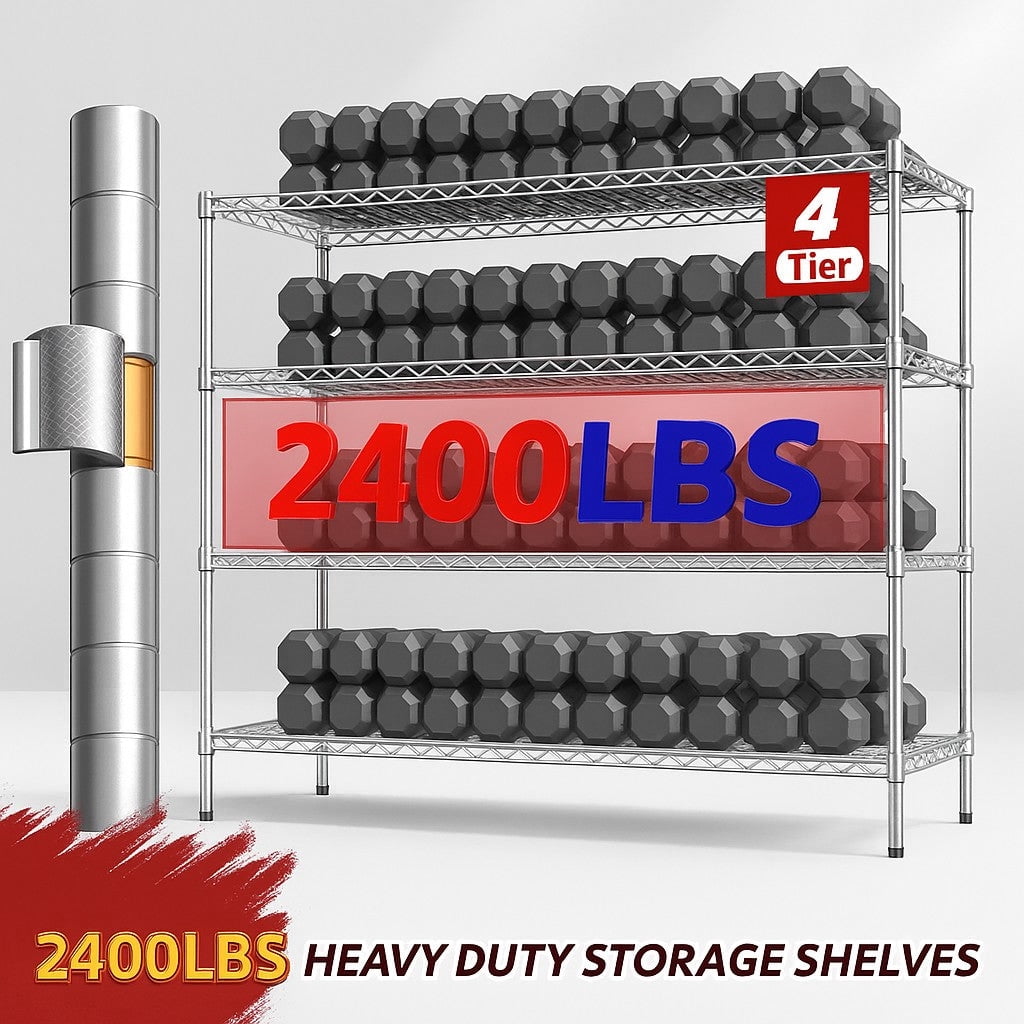 Sailvan 4-Tier Heavy Duty Metal Storage Rack, 60"W x 24"D x 72"H, 2400LBS Capacity Adjustable Wire Shelving Unit with Wheels for Garage Pantry,Silver
