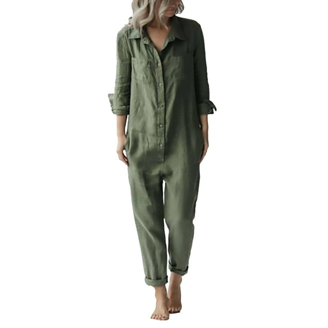 YFELWZ Combinaison Décontractée Mode Grande Taille pour Femmes, Col à Revers, Manches Longues, Boutons avec Poches, Vert m