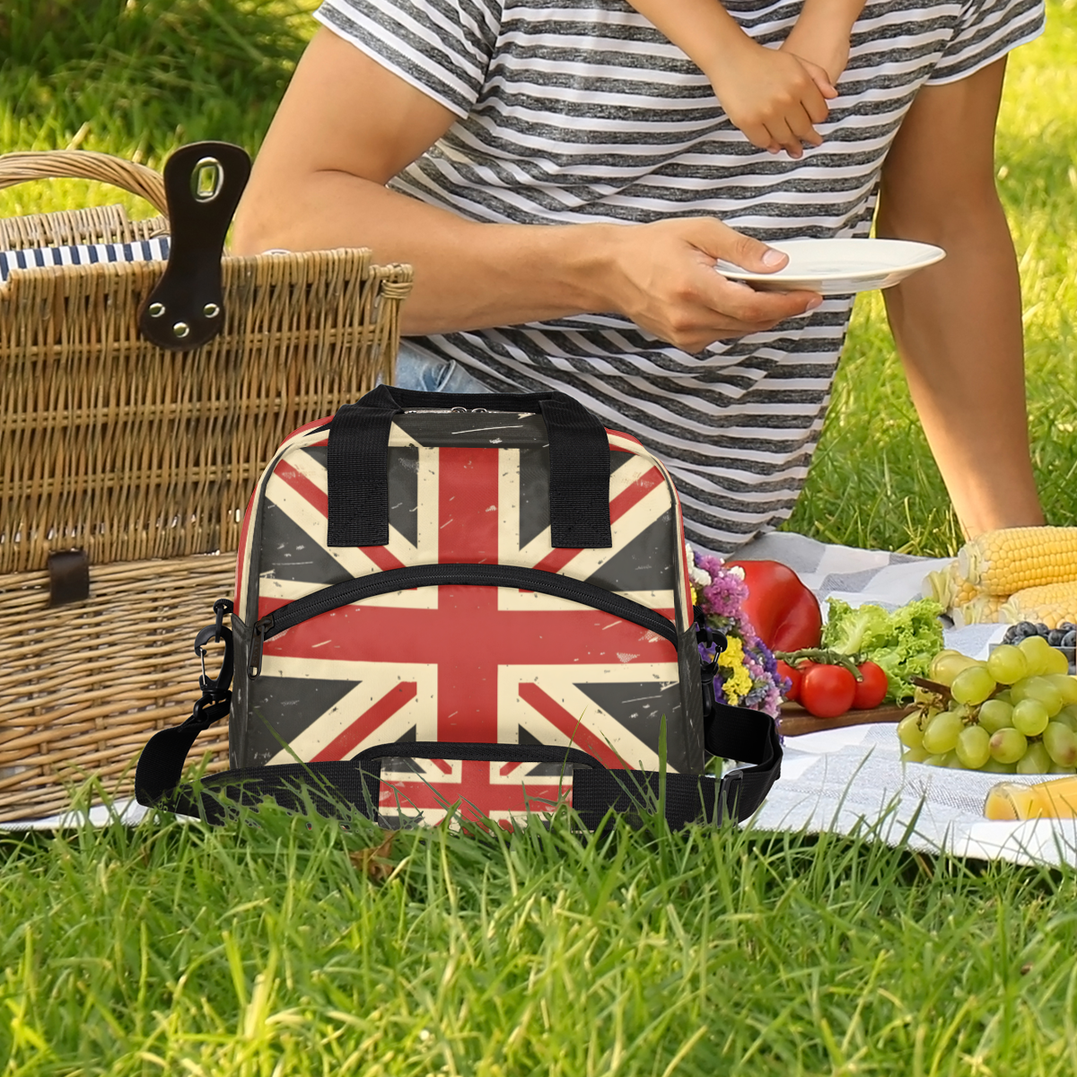 Herdesigns Union Jack Insulated Lunch Bag for Women Men Adults Large Reusable Lunch Box Retro United Kingdom Flag Leakproof Cooler Tote Bags with Adjustable Shoulder Strap
