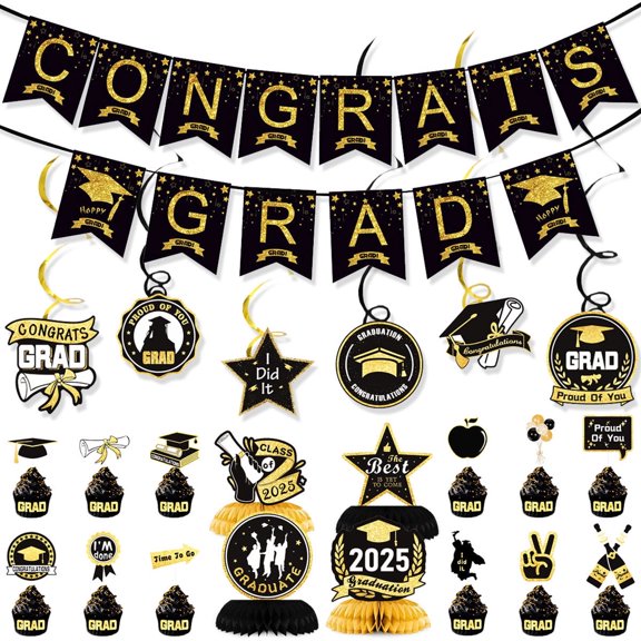 Class of 2025 Decorations Graduation Party Supplies Congratulations Cupcake Toppers Grad Banner Honeycomb Table Centralpieces for Grad Party Favors Black Gold