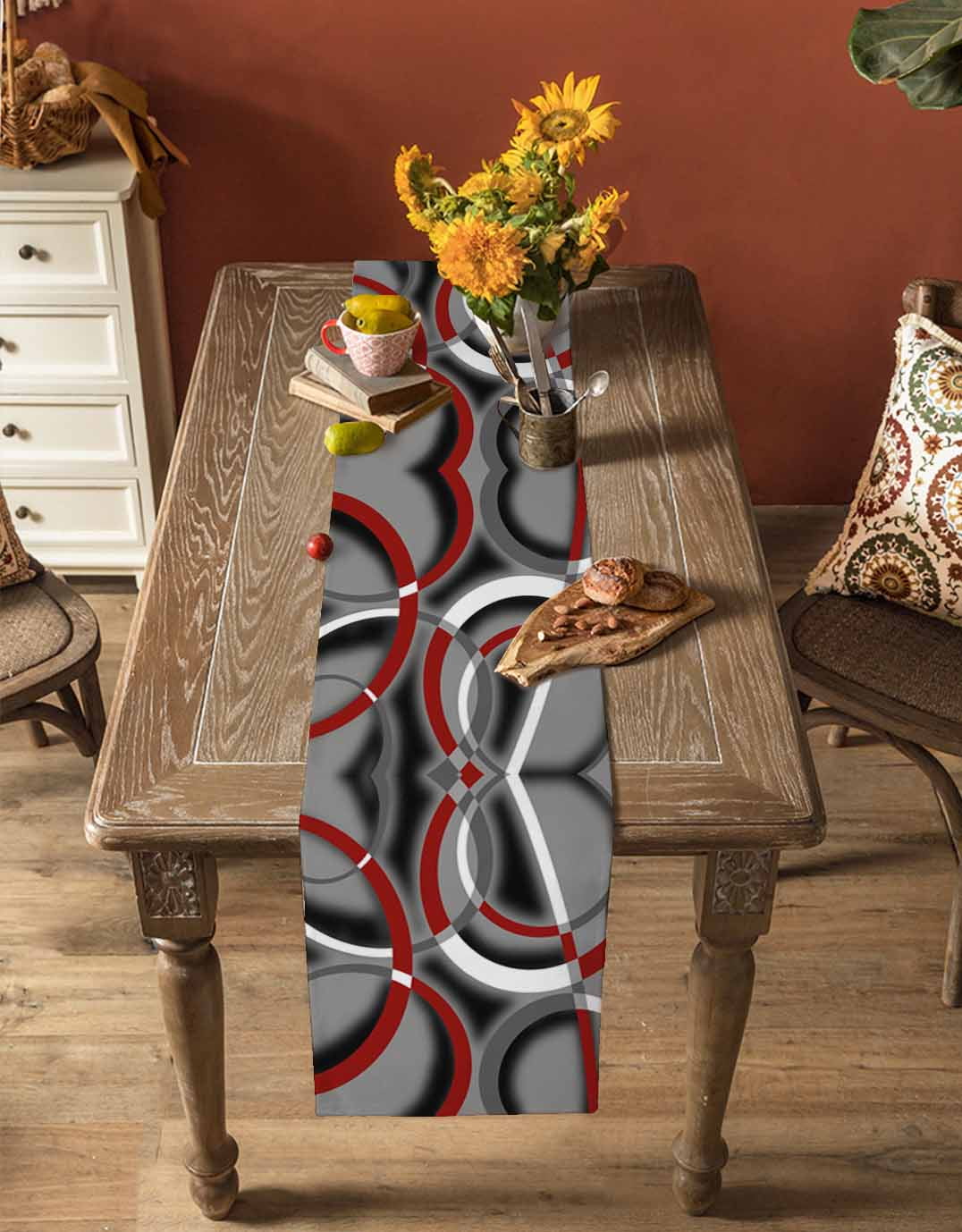 Grey Geometric Table Runner 72 Inches, Modern Abstract Black White Red Striped Bed Runner Dresser Scarves Tabletop for Indoor Outdoor Parties/Ceremony/Banquet, 16" x 72"