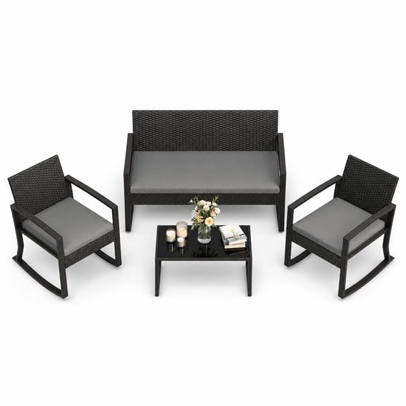 LinTimes 4 Piece PE Rattan Outdoor Patio Bar Set with Rocking Chairs - All-Weather Wicker Conversation Furniture - Includes Coffee Table, Cushions - Great for Patio, Porch, Backyard - Black Rattan