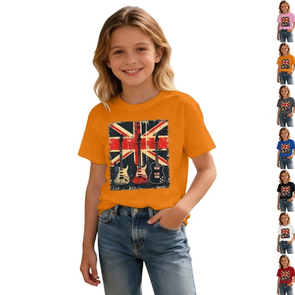 Shirts for Boys and Girls Vintage Guitar Union Jack Rock Guitarist T-Shirt for Kids Summer Fashion Tees (Orange 10-11 Years)