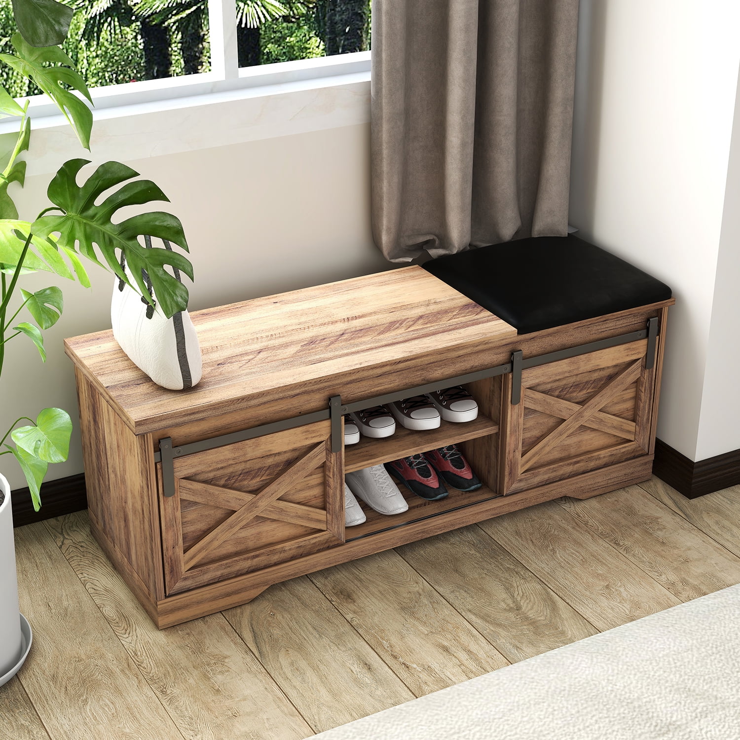 Kadyn 47 Inch Modern Farmhouse Sliding X Barn Door Litterbox Bench, Particle Board Shoe Bench with Entry Cutout, Light Brown Bench for Entryway Bedroom Kadyn 47 Inch Modern Farmhouse Sliding X Barn Door Litterbox Bench, Particle Board Shoe Bench with Entry Cutout, Light Brown Bench for Entryway Bedroom