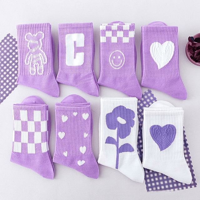 Calcetines morados de mujer de media caña, tendencia de las cuatro estaciones, Joker, primavera y otoño, calcetines largos blancos para mujer estudiante