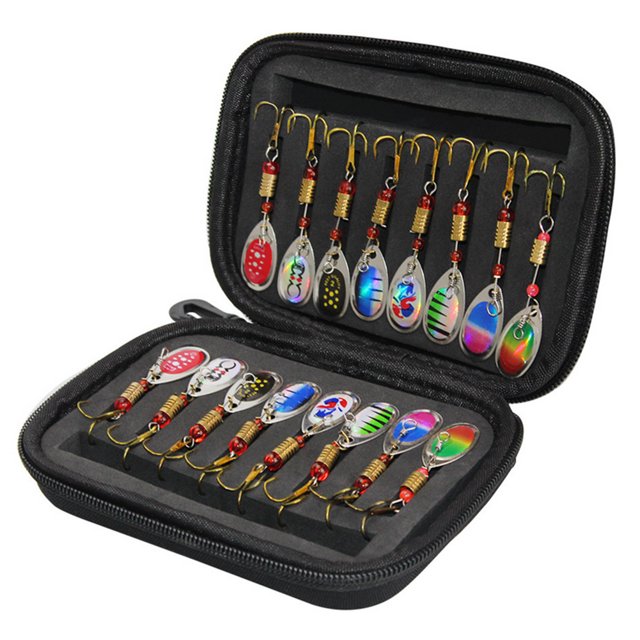 Cebos Giratorios 16pcs Gancho Agudos Pesca Con Mosca Cáscara Dura Bag Almacenamiento Metal Spoon Bass