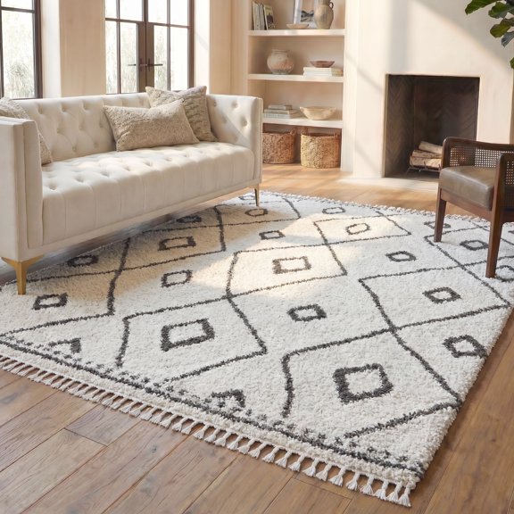 Safavieh Moroccan Fringe Barclay Geometric Shag Area Rug, Ivory/Gray, 5'3" x 7'6"