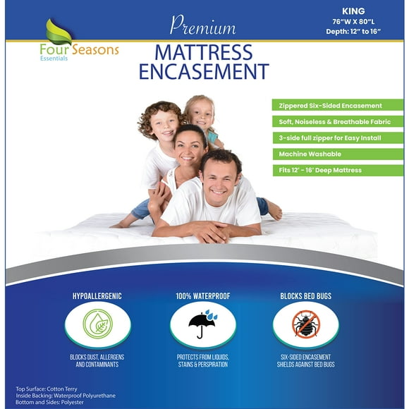 King Size Zippered Mattress Protector - Waterproof Mattress Cover - Hypoallergenic Dust Allergy Proof Bed Encasement - Deep Pocket Cotton Terry Top