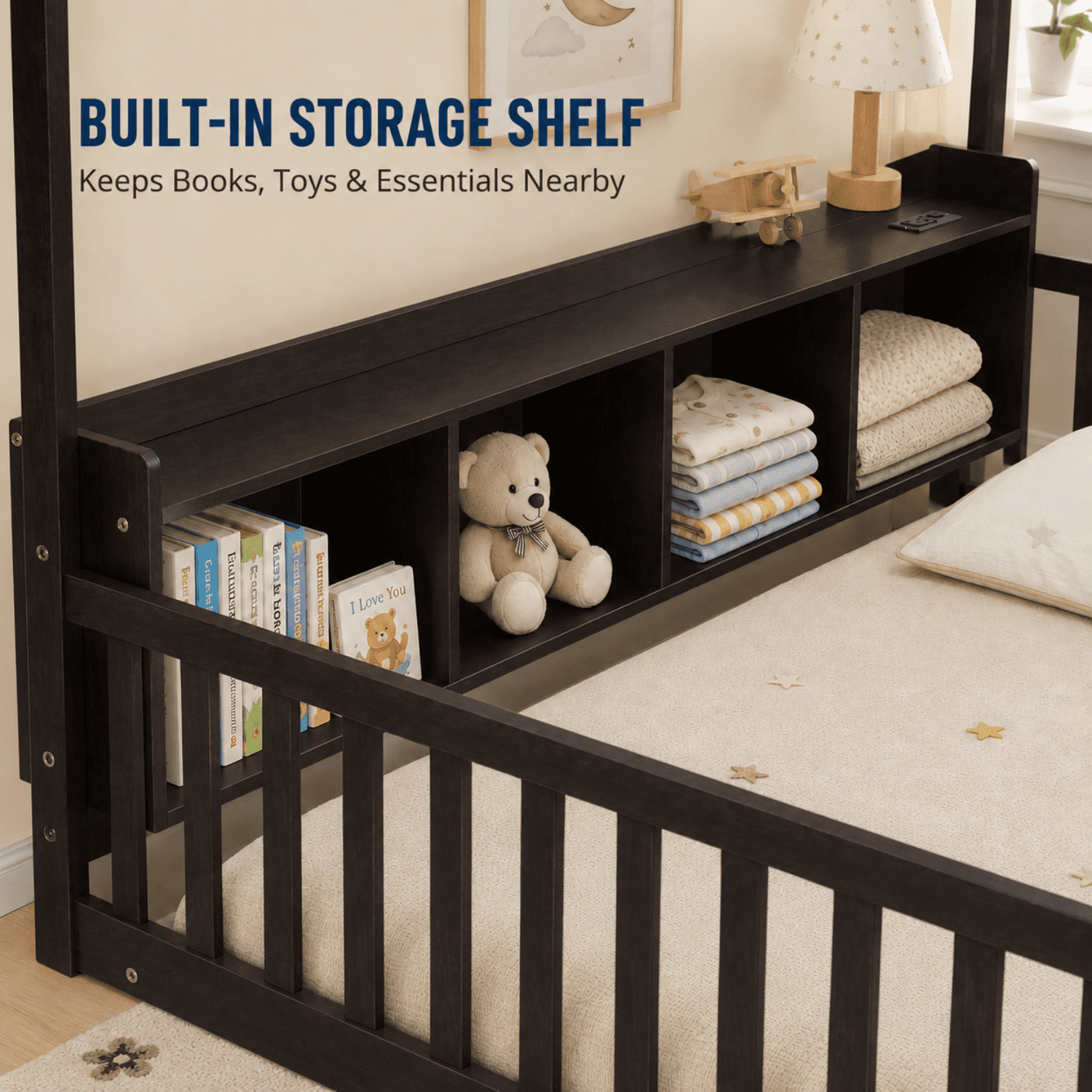 Miniyam Twin House Bed for Kids, Floor Bed with Storage, LED, Charging Station, Espresso