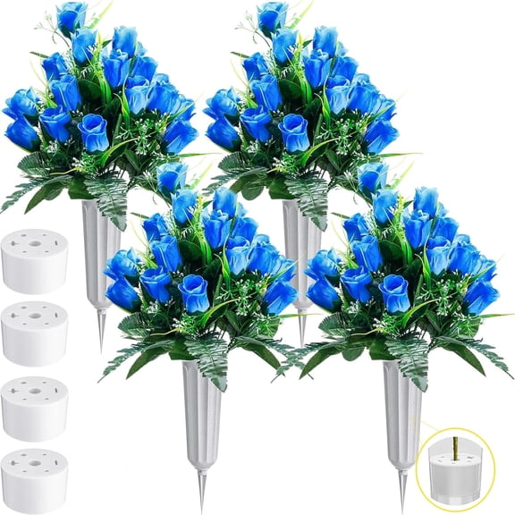MUCHENGGIFT Artificial Cemetery Flowers 96 Heads Artificial Rose Bouquet Grave Flowers for Cemetery Flower Arrangement with Vase Silk Memorial Flowers for Headstone Decor Outdoor (Gradient Blue)