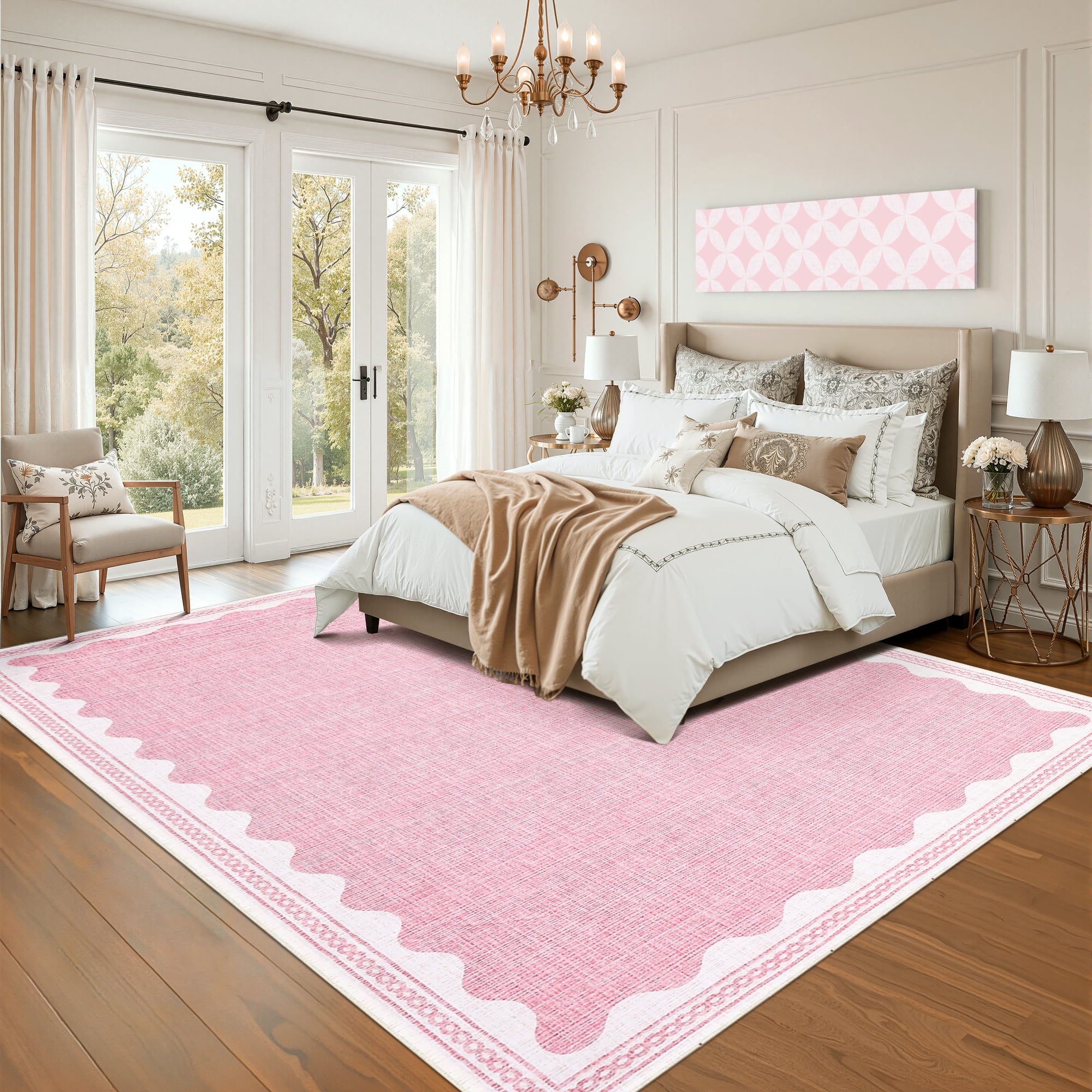 GlowSol 9'x12' Scalloped Pattern Area Rugs for Living Room Solid Washable Non Slip Low Pile Accent Rug for Bedroom, Pink