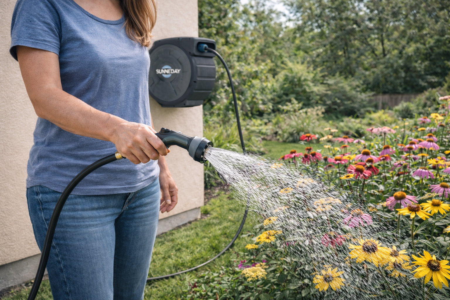 Sunneday 100ft Retractable Hose Reel 5/8 | Automatic Retractable Hose Reel w/Wall Mount | Easy to Assemble Water Hose Reel w/Flexible Swivel Mount | Retractable Garden Hose Reel (100ft.Black/Gray)