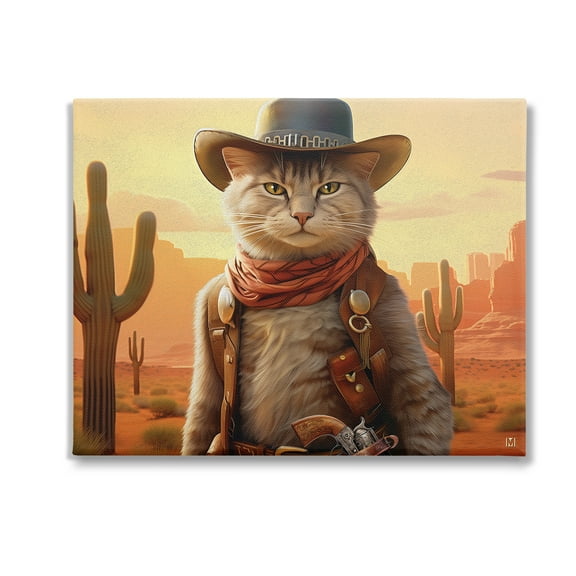 Stupell Industries Cowboy Sheriff Cat Animals & Insects Painting Gallery Wrapped Canvas Art Print Wall Art, 20 x 16