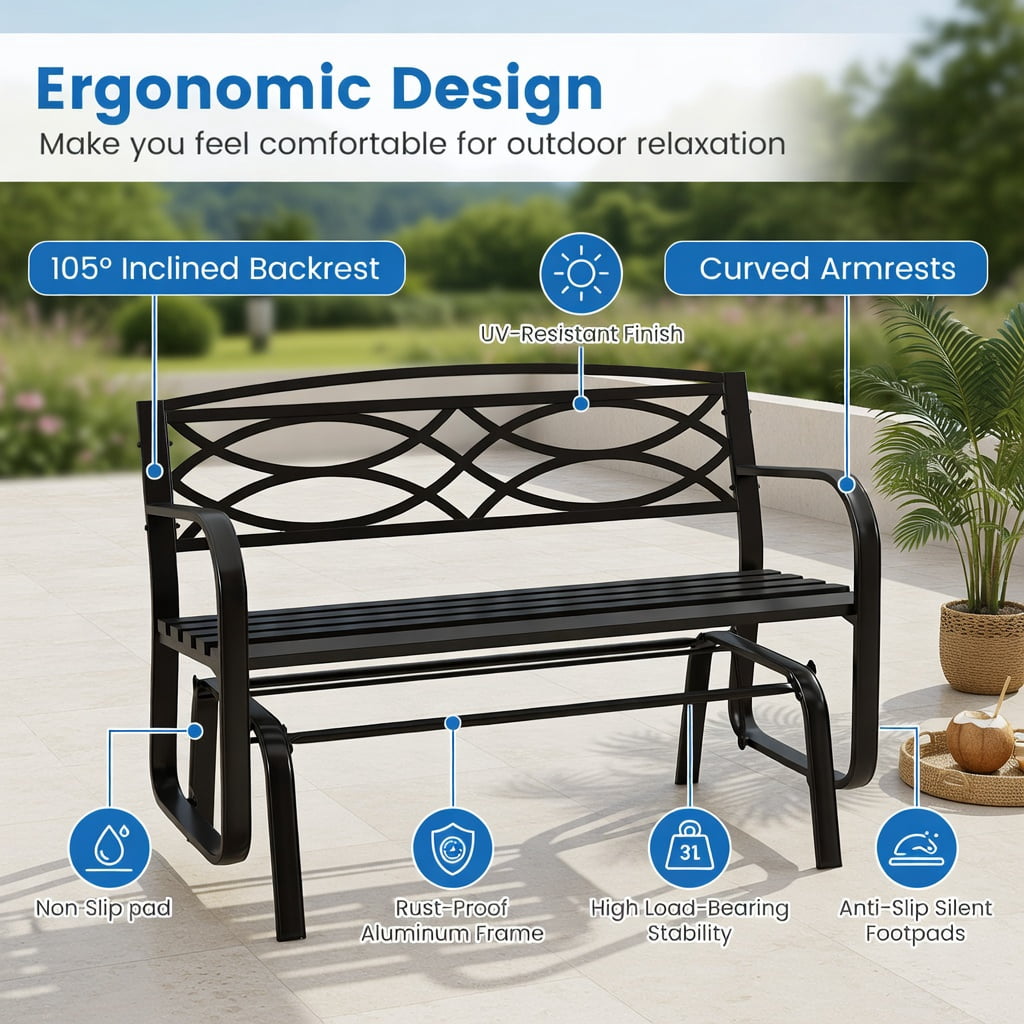 Hommoo 2-Person Outdoor Glider Bench, Heavy-Duty Metal Patio Swing Bench with Quiet Glide Mechanism, Ergonomic Backrest & Slatted Seat, Black