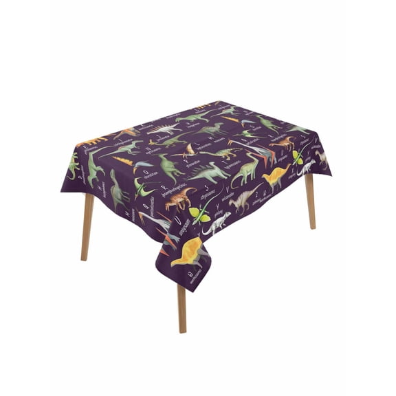 Purple Dinosaur Rectangle Tablecloth, Vintage Letters Farm Animals Waterproof & StainResistant Tablecloth, Washable Oil-proof Table Cover for Dining/Party/Wedding/Camping/Buffet 60x102 In