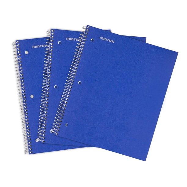 Mintra Office Cuadernos De Espiral Duraderos, 1 Tema (Paquete De 3 Con Rayas Anchas Azules), 100 Hojas, Bolsillo De Poliéster, Cubierta Resistente A La Humedad, Parte Posterior De Aglomerado Resistent