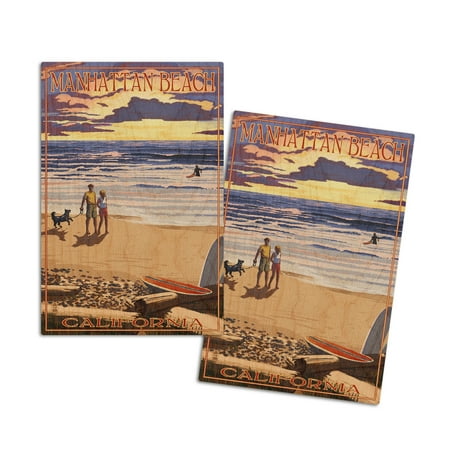 

Manhattan Beach California Sunset Beach Scene (4x6 Birch Wood Postcards 2-Pack Stationary Rustic Home Wall Decor)