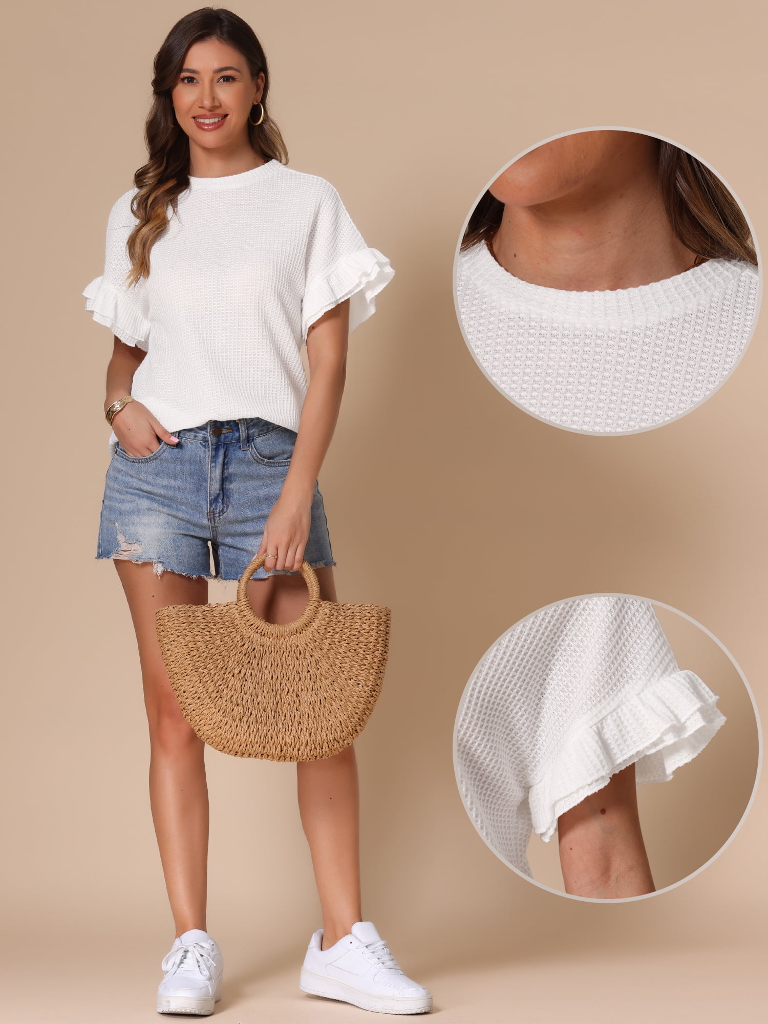 DARING DIVA Women's Ruffle Sleeves Waffle Knit Basic Casual Blouses S White