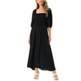 thumbnail image 1 of Vestidos de verano casuales para mujeres INSPIRE CHIC, con mangas cortas abullonadas, escote cuadrado, diseño fruncido, midi fluido y con bolsillos, color negro M, 1 of 5