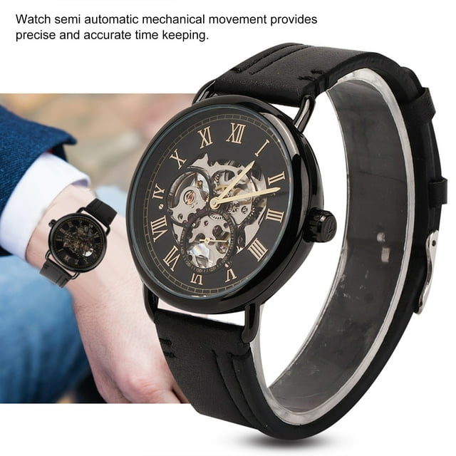 Men FORSINING Fashionable Wrist Watch Mechanical Semi Automatic Hollow Pattern Men's WatchBlack SurfaceBlack Case