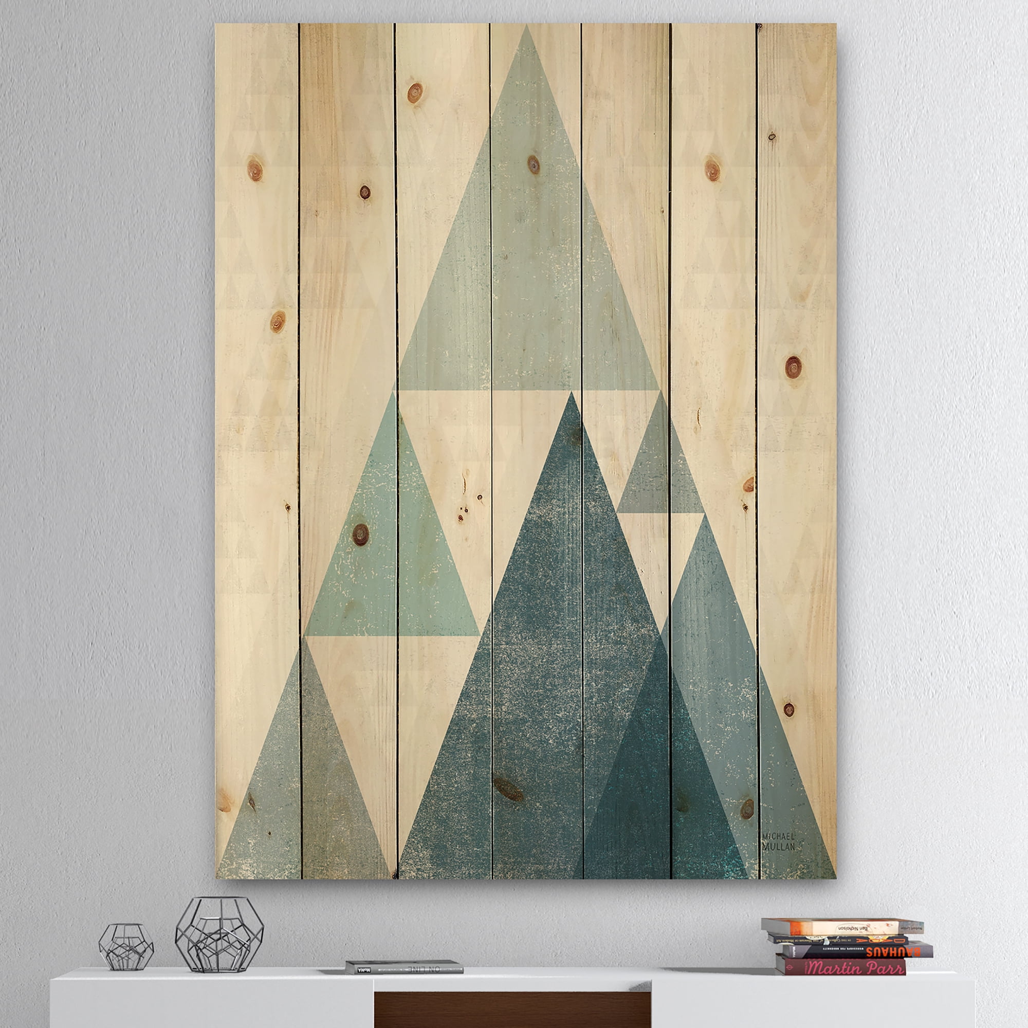 Designart 'Blue Minimal Triangles III' Mid-Century Modern Print on Natural Pine Wood