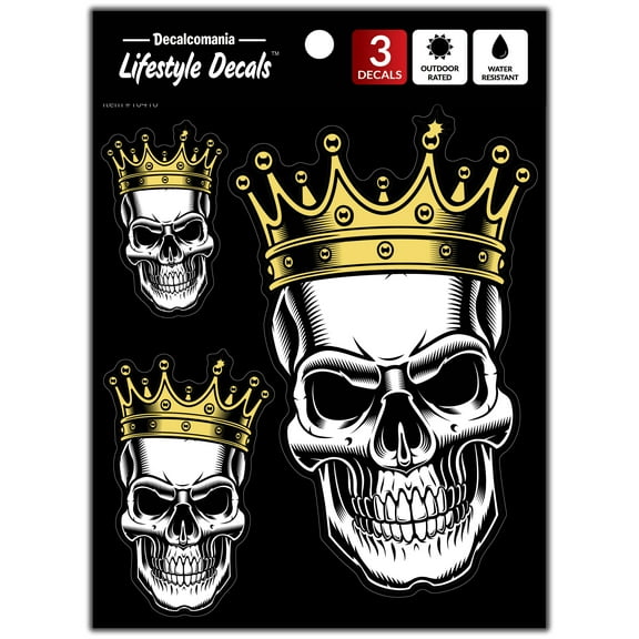 Skull Crown Decals - Set of 3 Stickers for Car or Truck Window- Skull King Car Accessory and Skull Car Vinyl