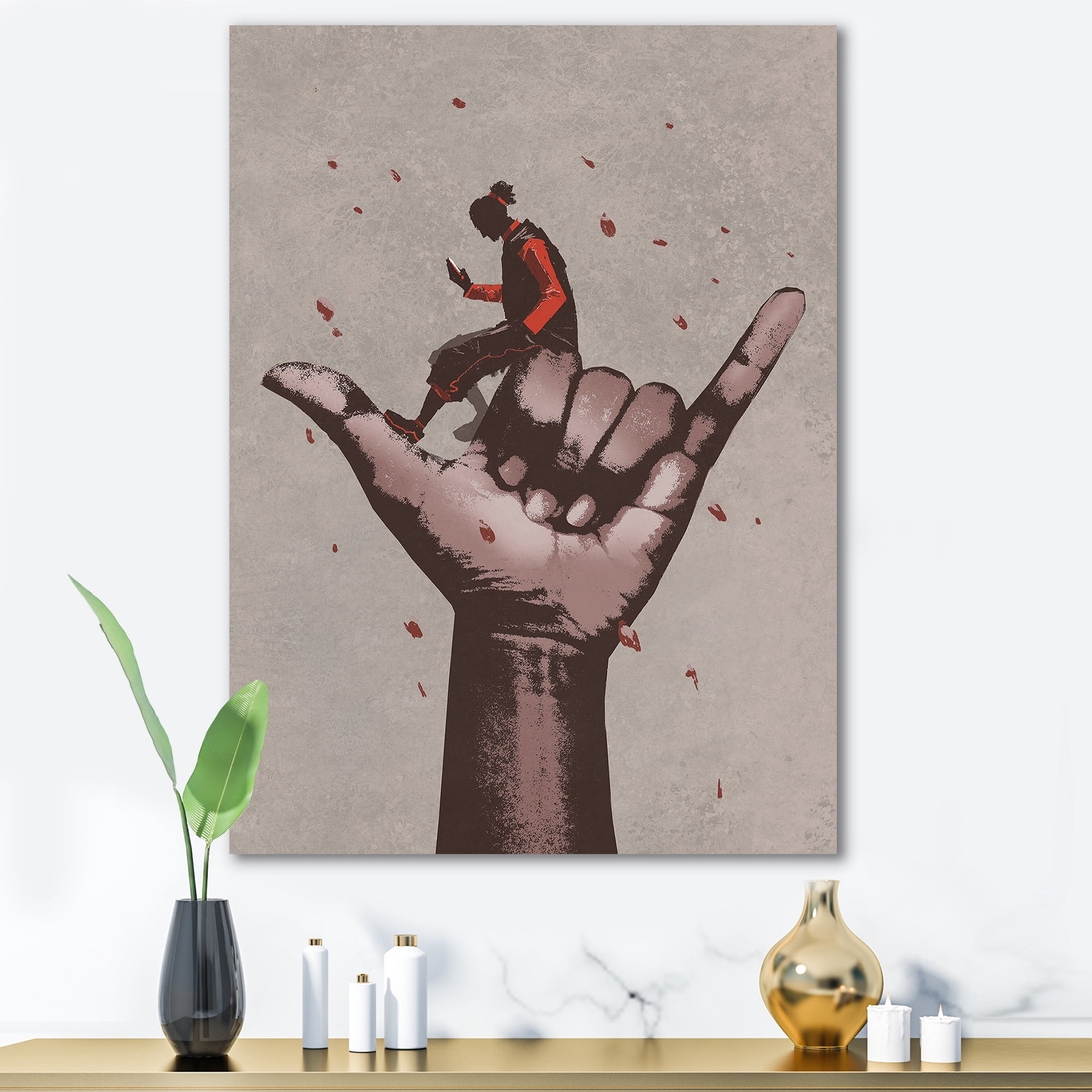 Designart ' Man Using Mobile Phone With Call Me Sign ' Modern Canvas Wall Art Print