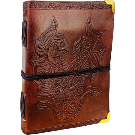 AzureGreen DOUBLE DRAGON Blank Page BOOK Handcrafted Leather Writing Unlined 5 x 7 JOURNAL (Brown Golden Corner)