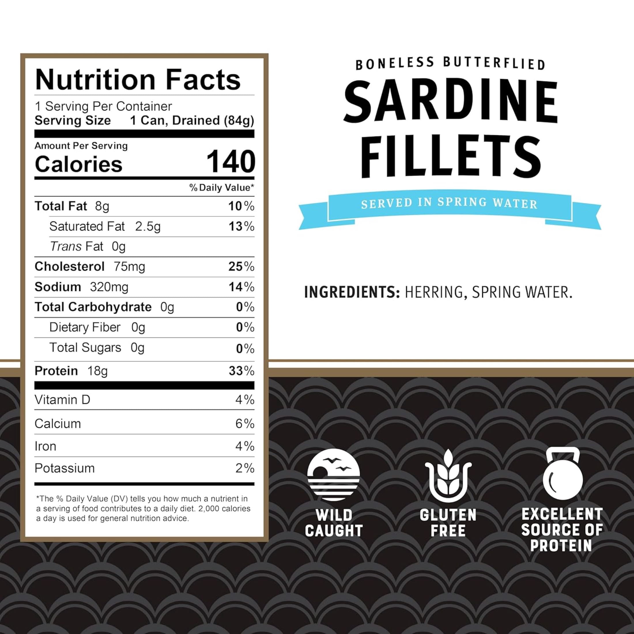 Brunswick Sardines in Spring Water, 3.75 oz Can - Boneless Butterflied Sardine Fillets - Wild Caught - 18g Protein per Serving - Gluten Free, Keto Friendly