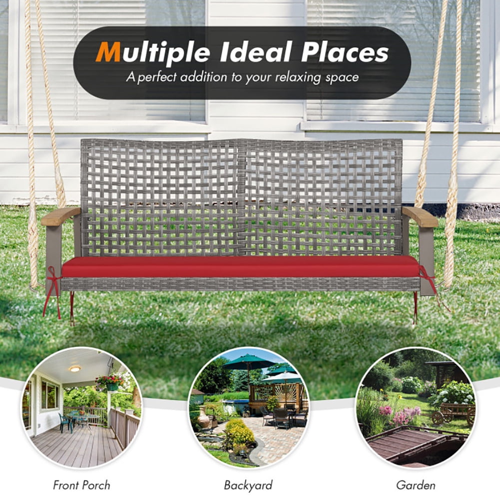 Aimee Lii 2-Person Rattan Hanging Porch Swing Chair, Swing Chair Outdoor, Red Aimee Lii 2-Person Rattan Hanging Porch Swing Chair, Swing Chair Outdoor, Red