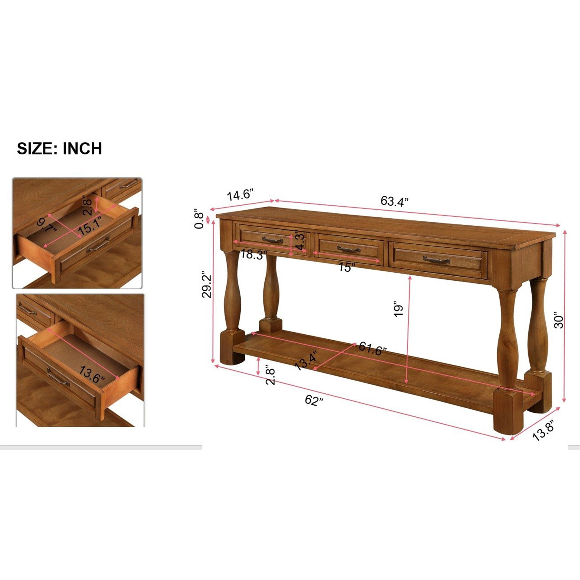Entryway Console Table, Wood Behind Couch & Sofa with 3 Drawers & Bottom Shelf, 63'' Long Entryway Table for Living Room Entryway Bedroom Hallway