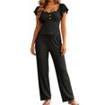 thumbnail image 2 of sdhkgrrt Women's 2 Piece Pajama Set Square Neck Ruffle Sleeve Pullover Wide Leg Pants Matching Lounge Outfit Casual Solid Sleepwear Comfy Fall Winter Tracksuit, Black M, 2 of 8