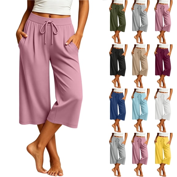 Bloomae Women's Capri Pants Lightweight Casual Wide Leg Yoga Capris Pants Loose Comfy Elastic High Waist Drawstring Cropped Lounge Sweatpants with Pockets