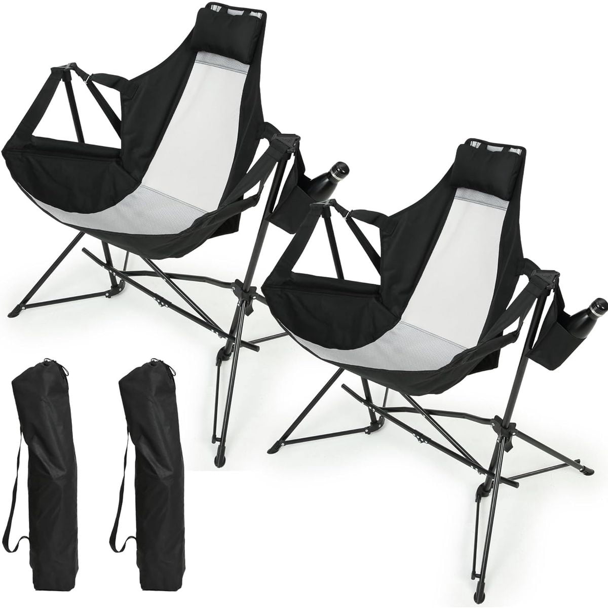 Sailvan Camping Rocking Chair 2-Pack, Folding Hammock Chair with Adjustable Back & Cup Holder for Outdoor Backyard, Black