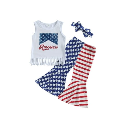 

Toddler Baby Girl 4th of July Outfit Sleeveless Tassel T-Shirts American Flag Bell Bottoms Pants Clothes Set