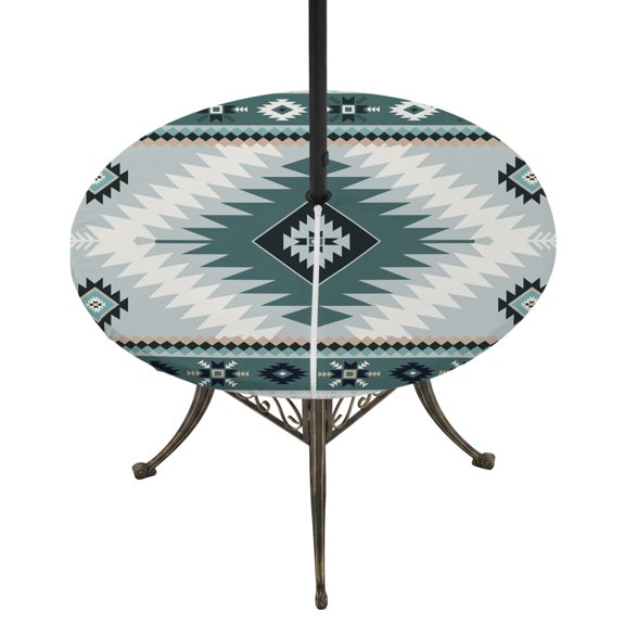Round Outdoor Tablecloth with Umbrella Hole and Zipper, Teal Gray Boho Tablecloth with Elastic Waterproof, Southwestern Ethnic Abstract Geometric Patio Table Covers for 36" - 44" Picnic Pool Tables