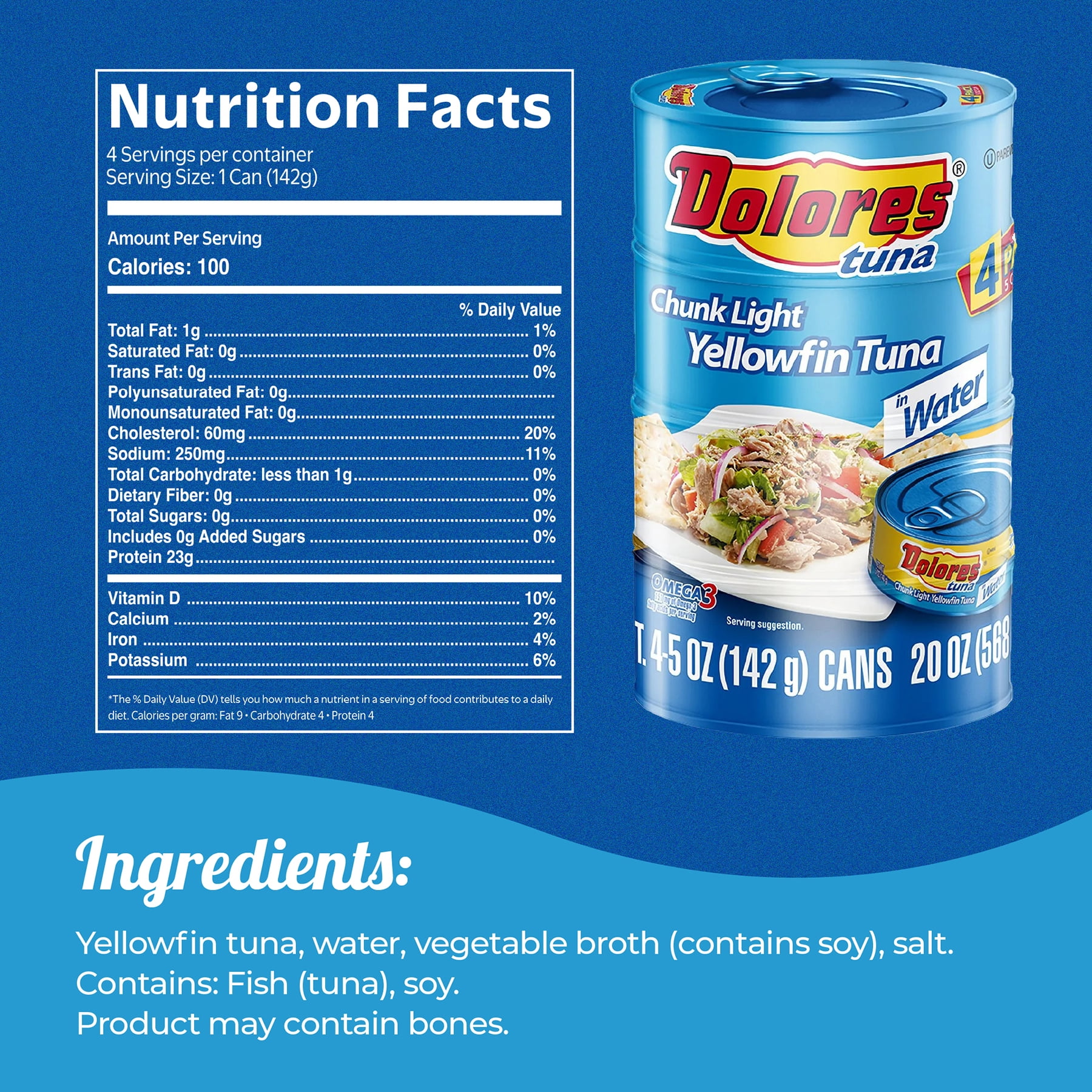(3 pack) Dolores® Chunk Light Yellowfin Tuna in Water, 4 Cans, 5 oz Each