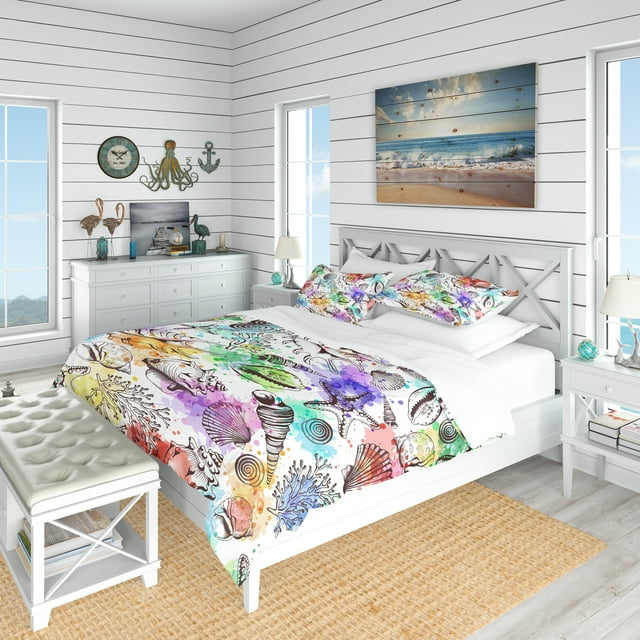 Designart 'Modern Seashells Pattern' Nautical & Coastal Bedding Set - Duvet Cover & Shams