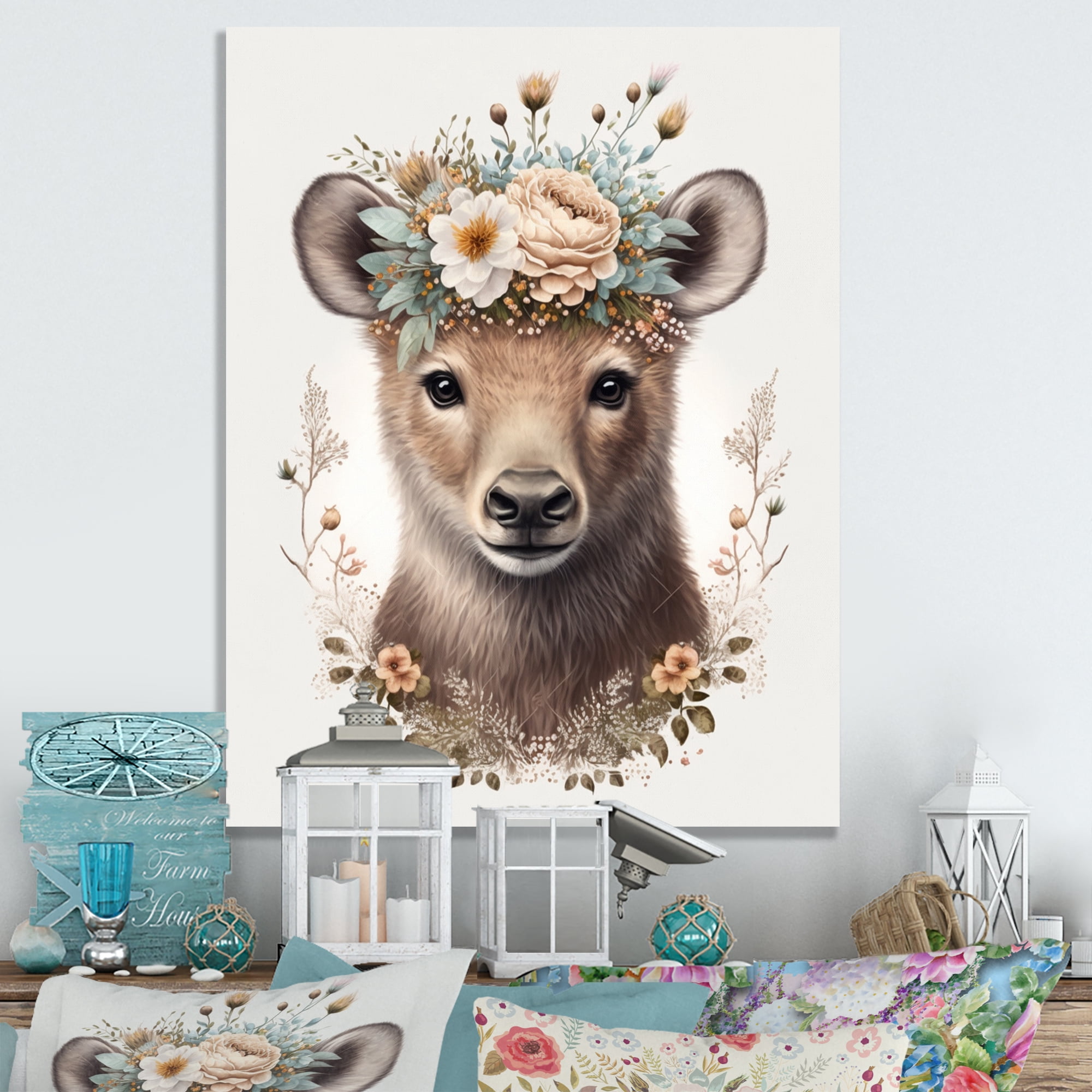 Designart Cute Baby Bear With Floral Crown III Canvas Wall Art
