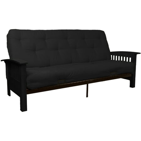 Morris Mission Style True 8 Inch Loft Cotton Foam Futon Sofa Sleeper Bed Full Size Mahogany Arms Twill Black