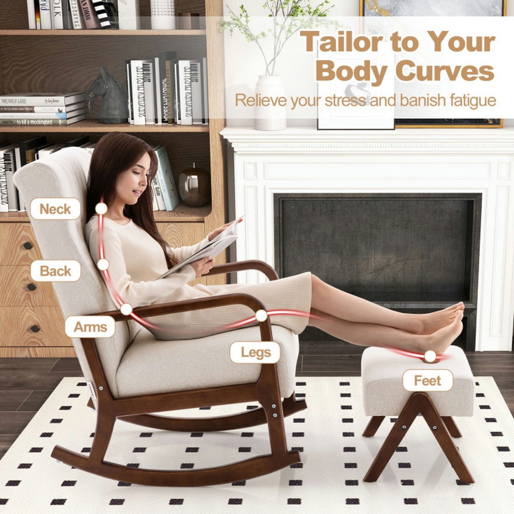 Finihen Rocking Chair, Modern Upholstered Accent Chair, Rocking Chair with Ottoman and Solid Rubber Wood Frame and Padded Cushion, for Living Room, Bedroom, Beige Finihen Rocking Chair, Modern Upholstered Accent Chair, Rocking Chair with Ottoman and Solid Rubber Wood Frame and Padded Cushion, for Living Room, Bedroom, Beige