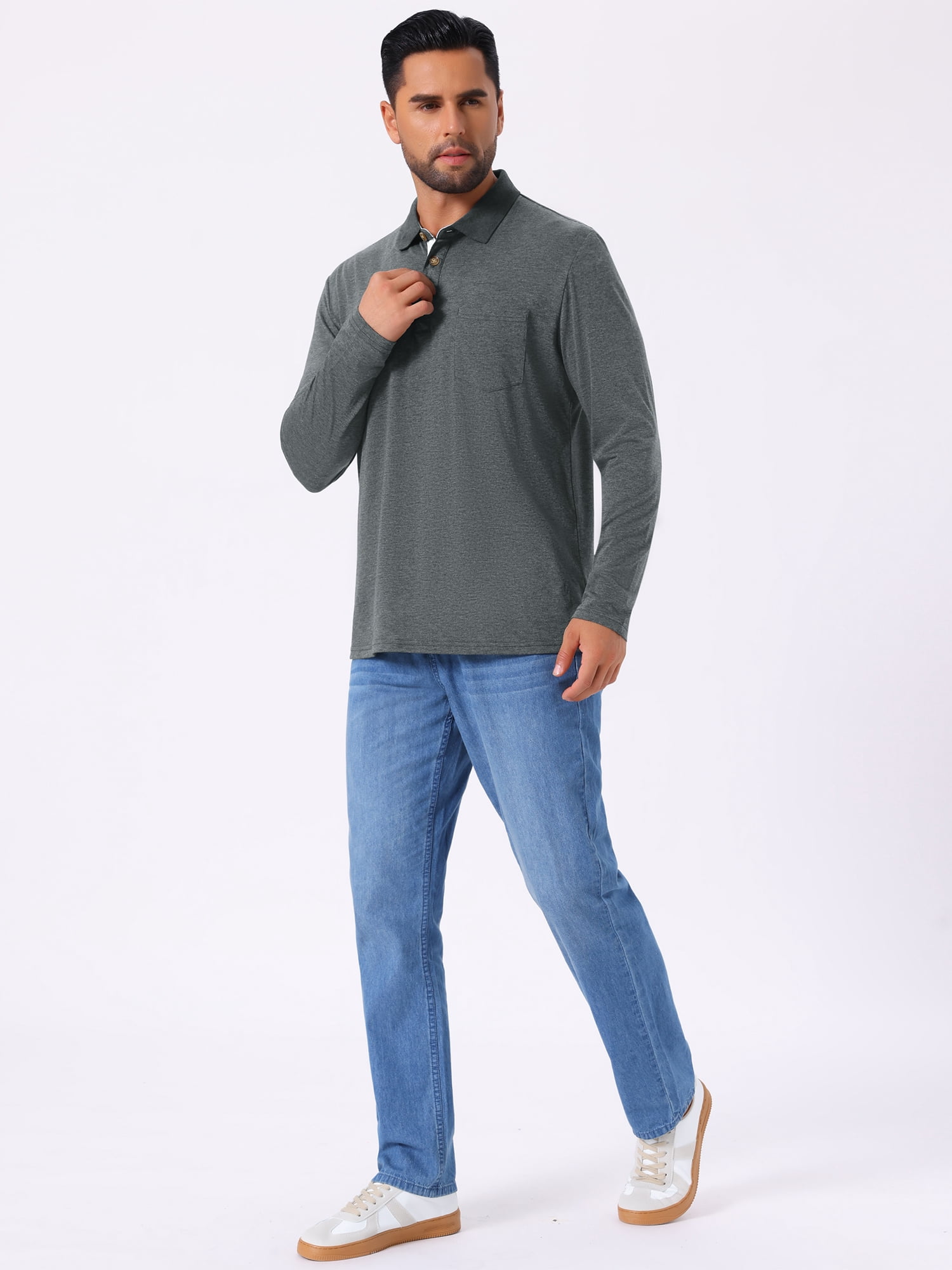 DARING DIVA Men's Contrast Button Collared Long Sleeves Golf Polo T-Shirts L Dark Gray