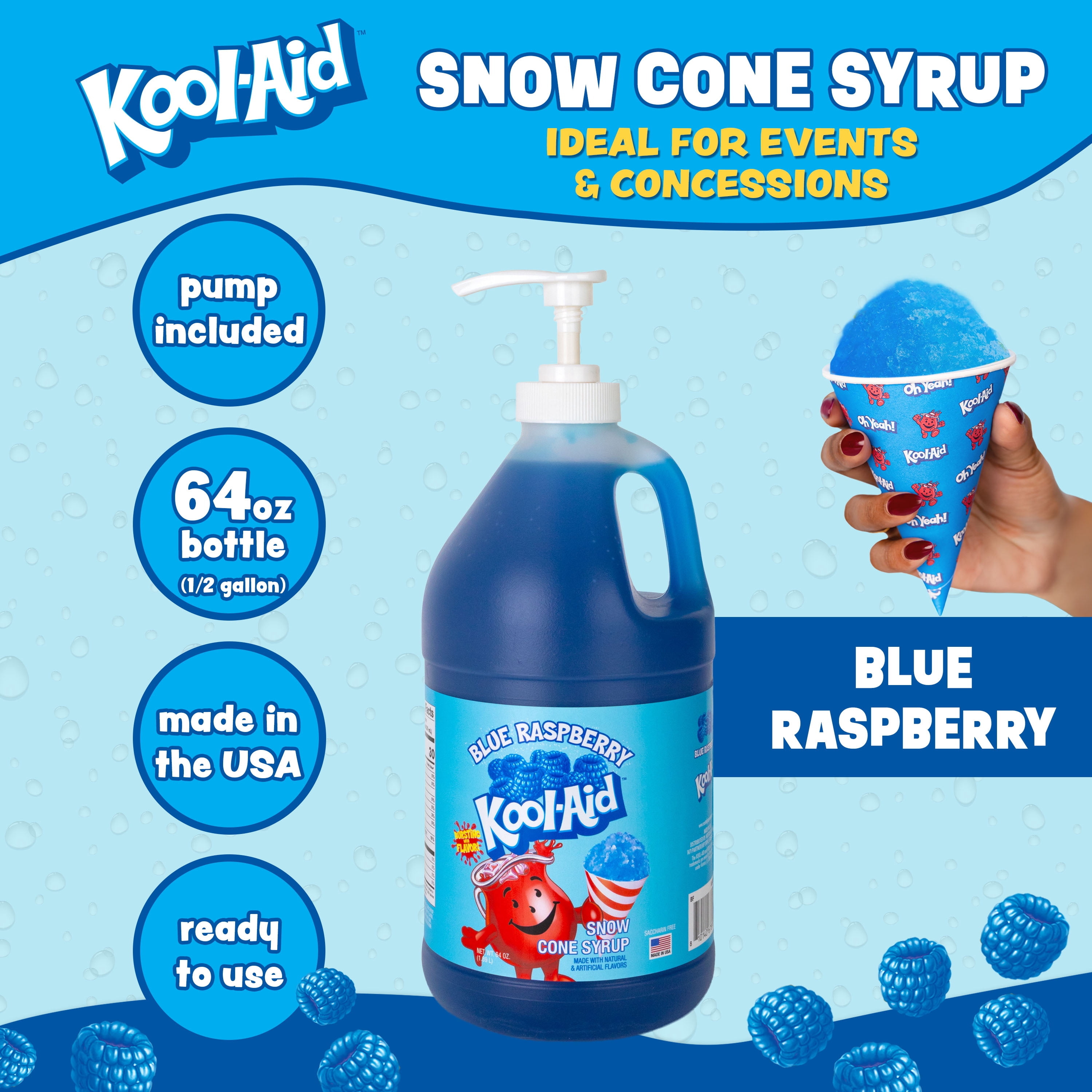Kool-Aid Blue Raspberry Snow Cone Syrup, 64 oz (1/2 Gal) Pump Bottle, Snow Cone Maker Ready