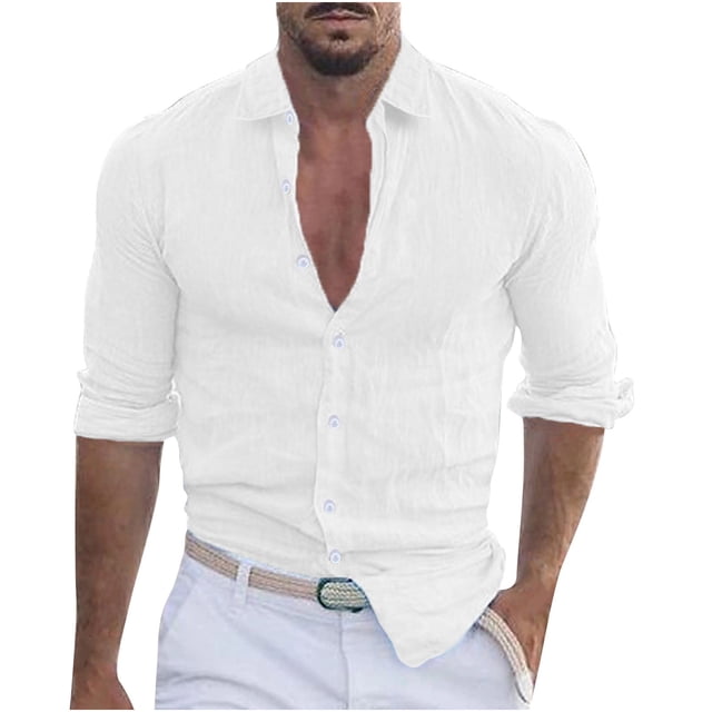 YanHoo Mens Linen Shirts Long Sleeve Button Down for Beach Wedding Summer Solid Casual Basic Button Up Shirts