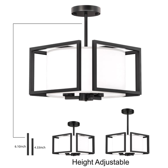FFRIDEKO HOME 3-Light Modern Semi Flush Mount Light, 17.9" Height Adjustable, Fabric Shade Black Metal Frame, E26 Base, 12.6"W Ceiling Light Fixture for Kitchen, Hallway, Living Room (Without Bulbs)