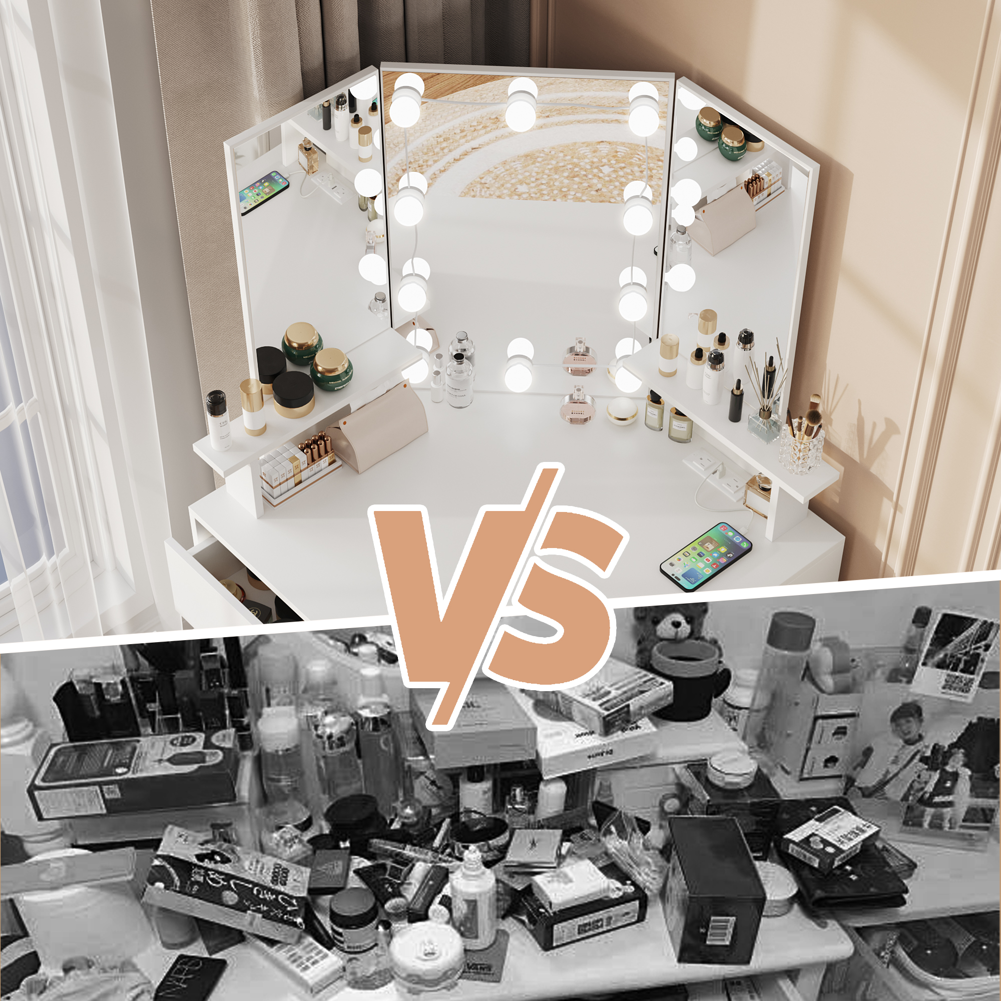 Veanerwood White Corner Vanity Desk with Lighted Mirror photo 2