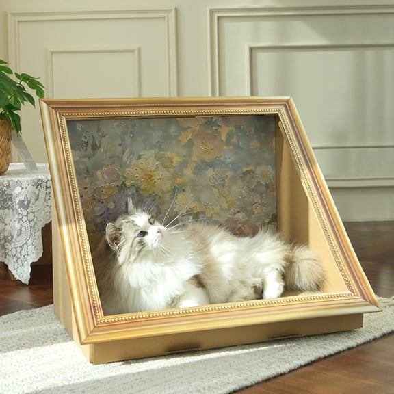 Fairela Vintage Framed Cat Bed with Scratching Pad, Foldable Cardboard Cat House with Oil Painting Background