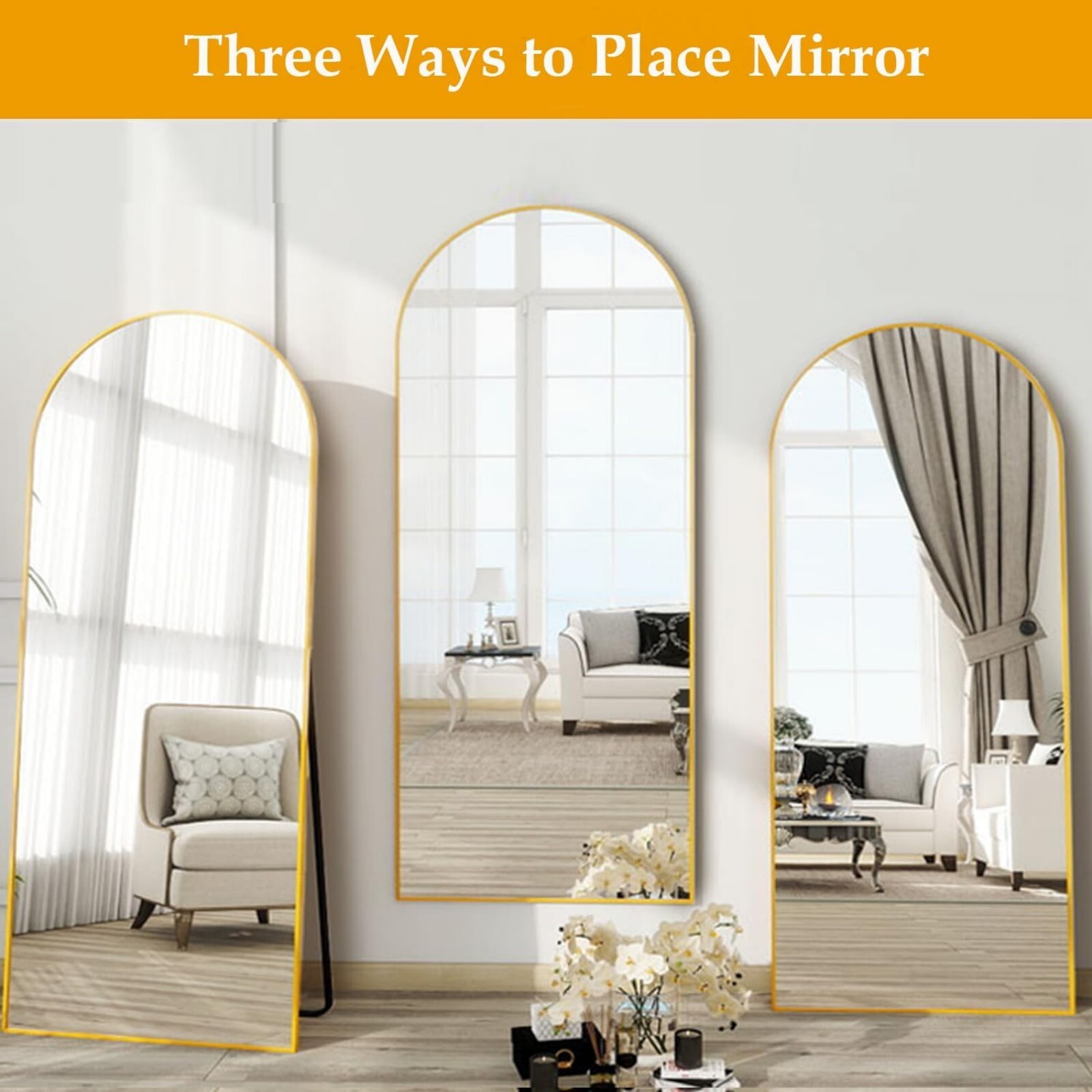 Mirrasia 64"x21.2" Arched Full Length Mirror, Full Body Mirror with stand, Gold