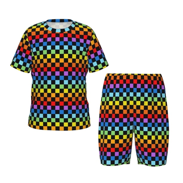 Balery Rainbow Chequerboard Conjunto de Pijama Infantil de Manga Corta con Estampado – Ropa de Dormir de Algodón Suave-4X-Large