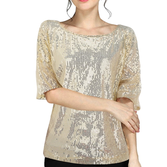 Doriano Blouse Courte Décontractée à Sequins pour Femmes pour Fête et Cocktail, Or, S